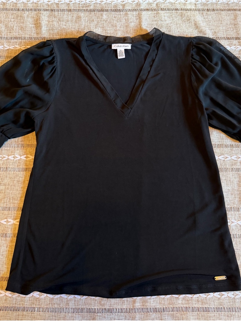 Calvin Klein Black V-Neck Short Puff-Sleeve Top
